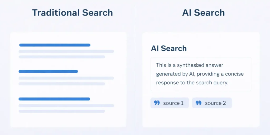 What Is AI Search Optimization and How Does It Really Work? - Click Path Marketing | Small Business Digital Marketing Side by side comparison of traditional Google search results versus AI search results showing the difference in format and citation behavior