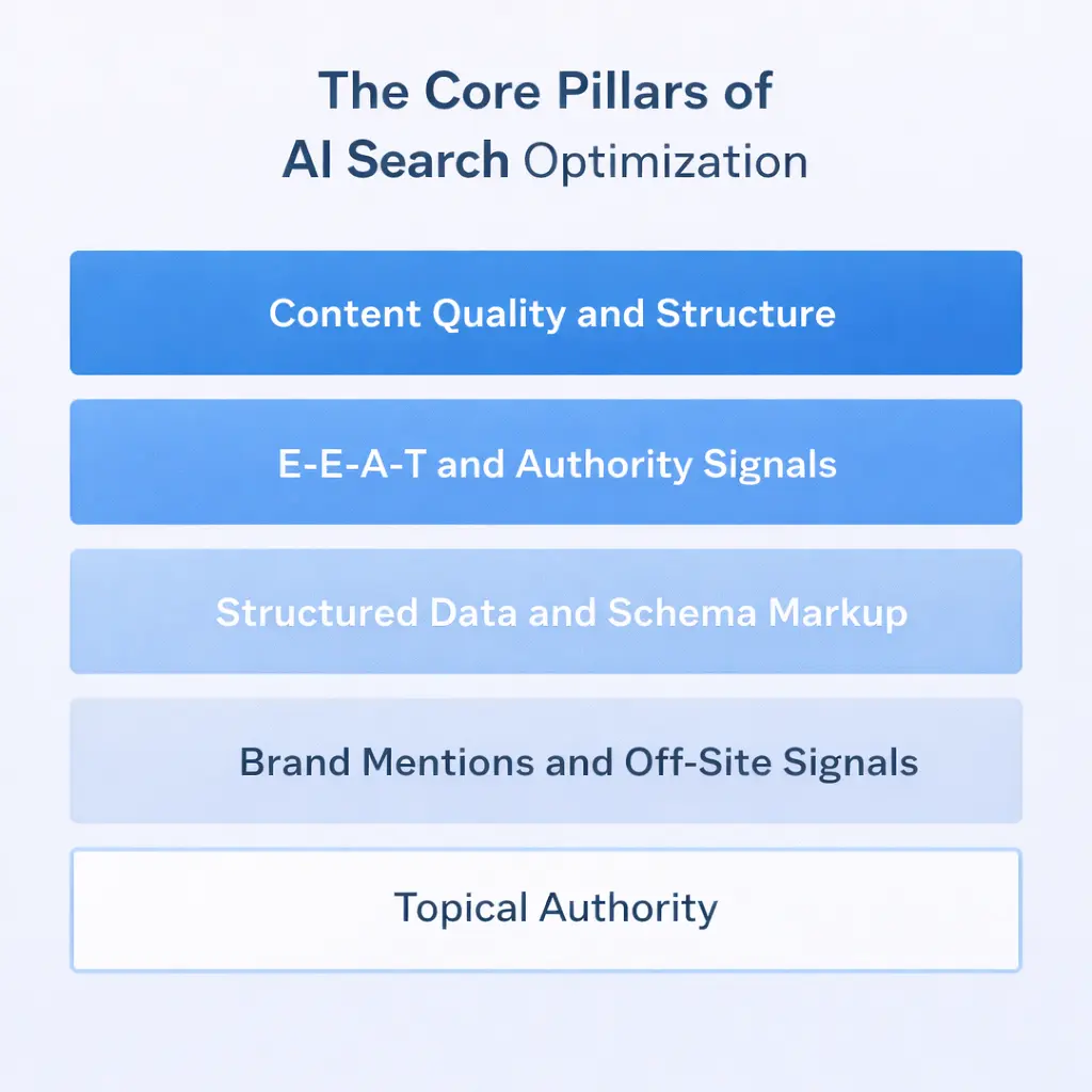 What Is AI Search Optimization and How Does It Really Work? - Click Path Marketing | Small Business Digital Marketing The five core pillars of AI search optimization including content quality, E-E-A-T, structured data, brand mentions, and topical authority