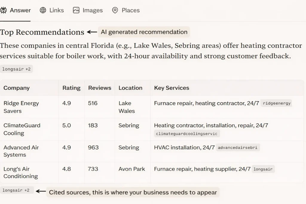What Is AI Search Optimization and How Does It Really Work? - Click Path Marketing | Small Business Digital Marketing Perplexity AI search result showing local HVAC businesses cited as top recommendations